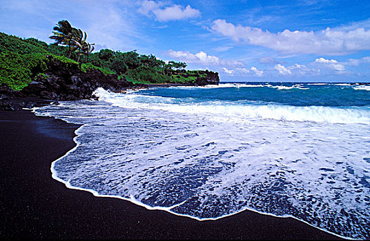 黑沙,海滩,海浪,毛伊岛,夏威夷