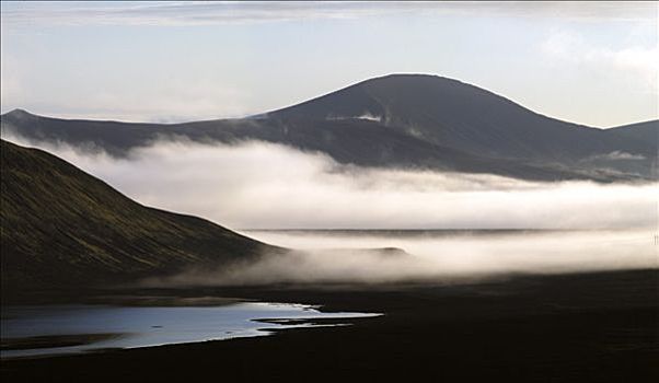 火山,上方,黑色,火山岩,沙子,雾,冰岛