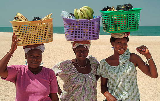 三个,微笑,女人,销售,水果,海滩,冈比亚