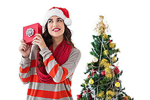 喜庆,黑发,听,礼物,圣诞树