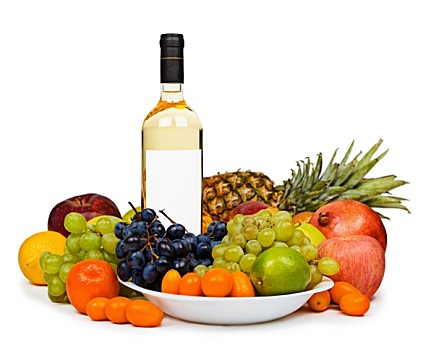 静物,瓶子,白葡萄酒,水果,白色背景