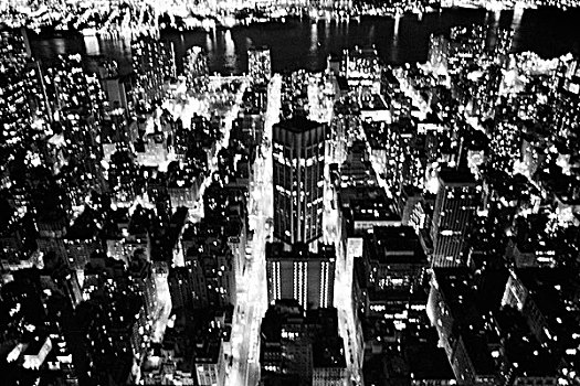 光亮,曼哈顿中城,天际线,夜晚,俯拍,纽约,美国