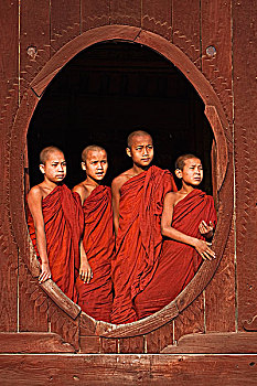 缅甸,年轻,新信徒,僧侣,站立,木质,椭圆,窗户,寺院