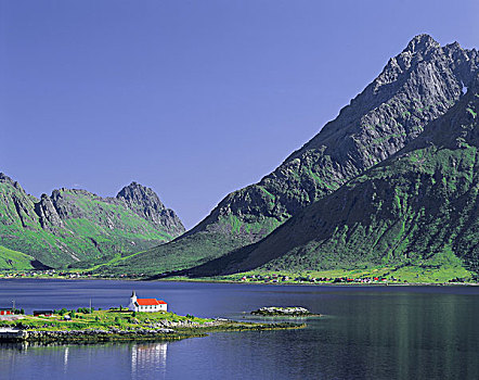 挪威,北方,罗弗敦群岛,岛屿,教堂,山,夏天,欧洲,北欧,斯堪的纳维亚,交谈,海边风景,海岸,峡湾