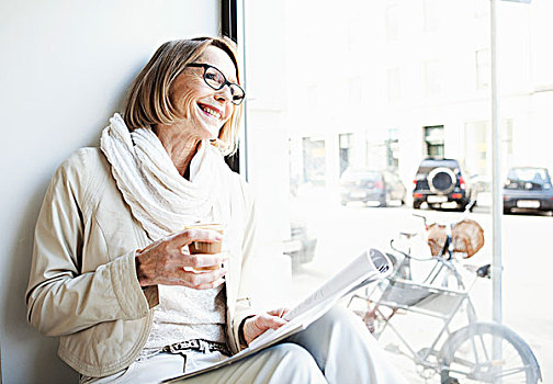 老年,女人,咖啡,窗边