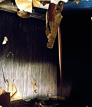 烧,室外,卧室,角,房间,壁纸,悬挂,天花板,墙壁,滴下,烟,染色,碎片,摆饰,地面,德文郡,英国,二月,2009年