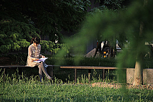 大学花园里看书的女学生