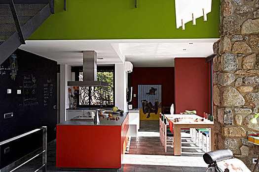 现代,厨房,彩色,红色,春天,绿色,表面,室内