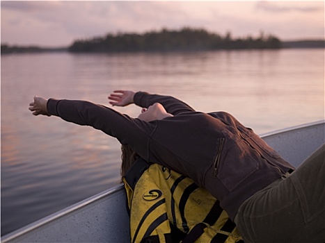 女孩,放松,船,日落,湖,木头,加拿大
