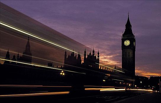 大本钟,威斯敏斯特宫,议会大厦,夜晚,黃昏,伦敦,英国,欧洲,世界遗产