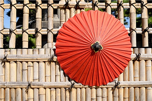 传统,日本,红色,伞,竹子,栅栏