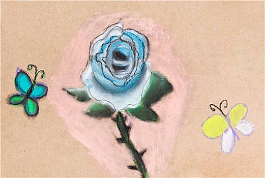 孩子,绘画,蓝色,玫瑰,两个,蝴蝶