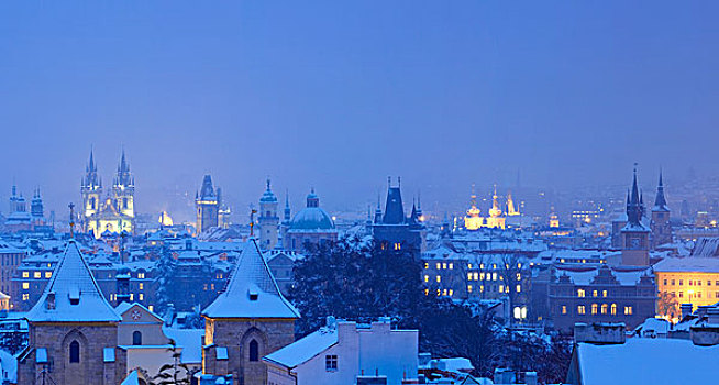 布拉格,全景,尖顶,老,城镇,冬天