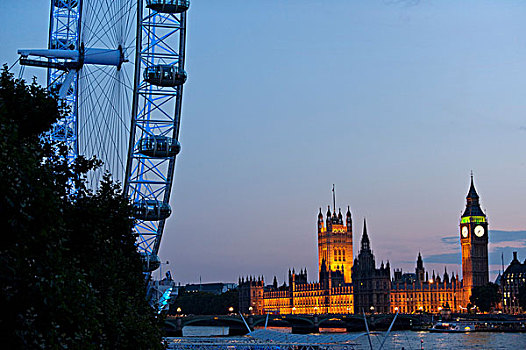 伦敦眼,大本钟,议会大厦,威斯敏斯特宫,伦敦,英格兰,英国,欧洲