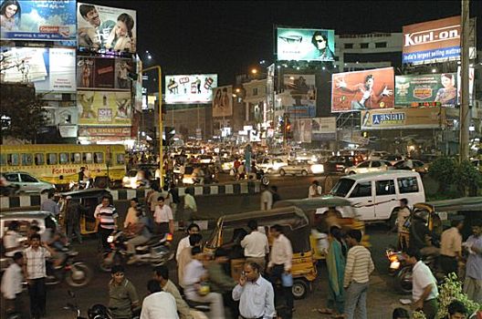 市中心,夜晚,海得拉巴,印度