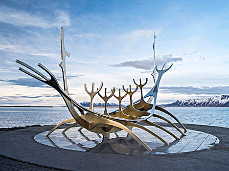 地标,雷克雅未克,冰岛,太阳,雕塑,不锈钢,港口,艺术家,大幅,尺寸