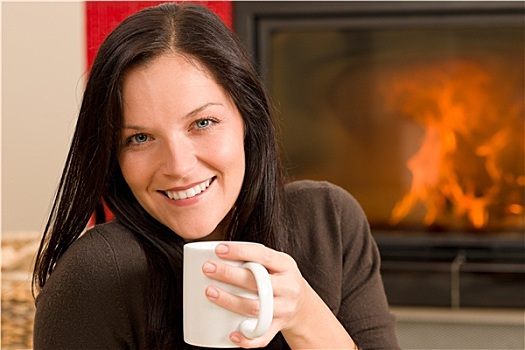 冬天,家,壁炉,女人,喝,热,咖啡