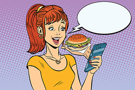 女孩,青少年,网上购物,汉堡包,快餐