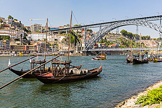 传统,港口,葡萄酒,船,杜罗河,欧洲,河,正面,老城,桥,世界遗产,波尔图,葡萄牙