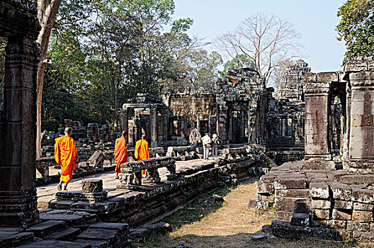 柬埔寨,收获,吴哥,三个,和尚,橙色,长袍,庙宇