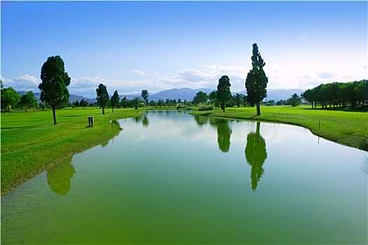 高尔夫球场,青草,地点,湖,反射