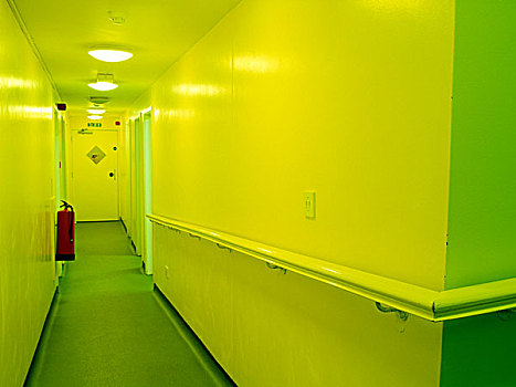 学校,走廊,涂绘,黄色,绿色,火灾,灭火器,打开,门,远处,读,英格兰