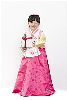 女孩,韩国人,传统服装,拿着,礼盒