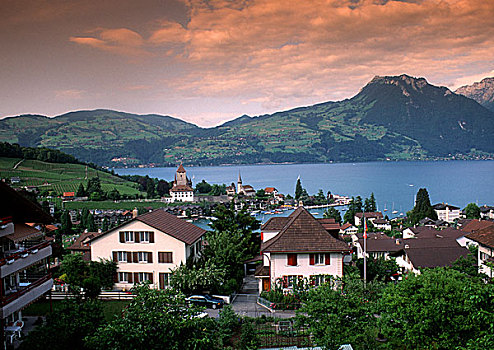 生活,瑞士,彩色,城镇,湖