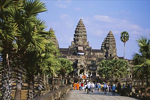 柬埔寨,吴哥窟,游客,僧侣,走,寺庙