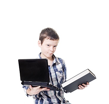 男孩,拿着,电脑,书本