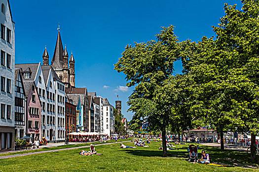 莱茵河,散步场所,草地,教堂,历史,中心,科隆,北莱茵威斯特伐利亚,德国,欧洲