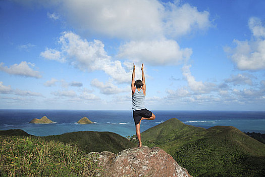 夏威夷,瓦胡岛,男性,远足者,赞赏,瑜珈,顶端,药盒,远足