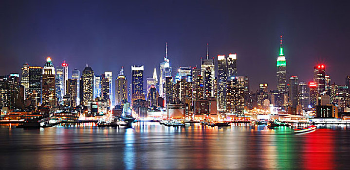 纽约,夜晚,天际线,全景,上方,哈得逊河,船,摩天大楼,彩色,反射
