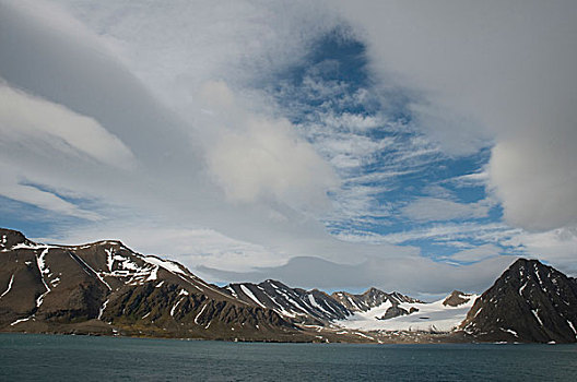 挪威,斯瓦尔巴群岛,斯匹次卑尔根岛,云,螺旋,上方,景色,风景,冰河,崎岖,山