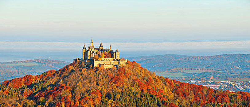 城堡,早晨,亮光,雾,巴登符腾堡,德国,欧洲