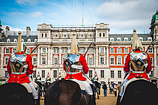 皇家,守卫,红色制服,马,救生员,皇家轻骑兵,军团,游行,地面,换岗,老,建筑,白厅,威斯敏斯特,伦敦,英格兰,英国,欧洲
