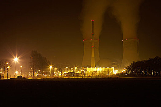 格拉芙莱茵费德,核电站,夜晚,地区,弗兰克尼亚,巴伐利亚,德国
