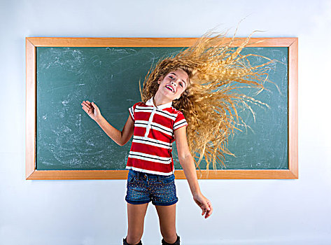 有趣,学生,女孩,翻转,长,金发,学校,教室,黑板