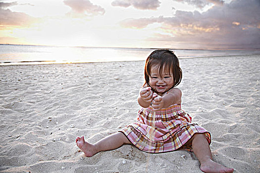 夏威夷,瓦胡岛,孩子,幼儿,女孩,沙子,海滩,日落