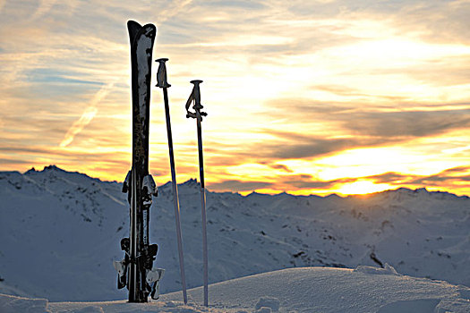 山,滑雪,漂亮,日落,背景