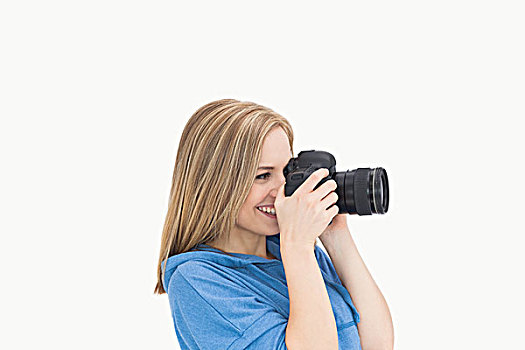 侧面视角,高兴,女性,摄影师,相机,上方,白色背景