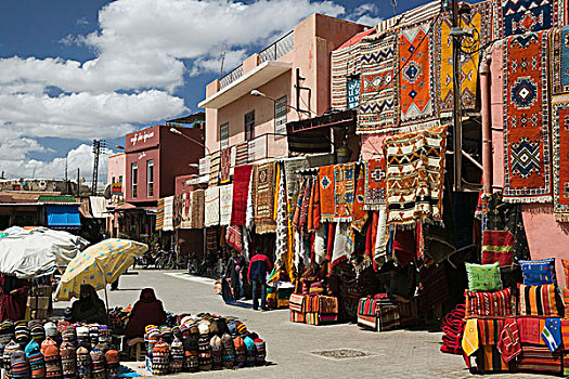 摩洛哥,玛拉喀什,市场,俯视,地毯,露天市场