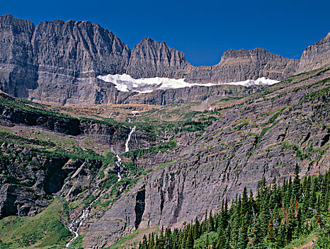 美国,蒙大拿,冰川国家公园,溪流,陡峭,斜坡,下方,顶峰,园墙,大幅,尺寸