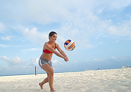 女人,玩,沙滩排球,礁石,胜地,水疗,干盐湖,卡门,墨西哥