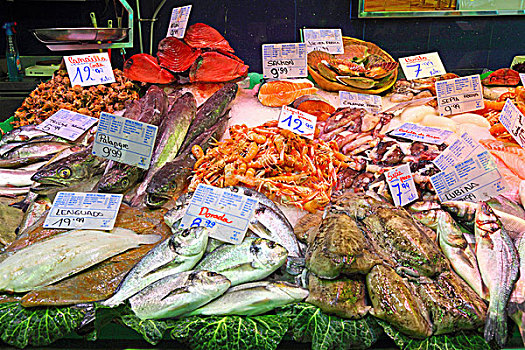 鱼,海鲜,市场货摊,巴塞罗那,西班牙