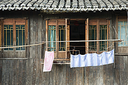 中国,广东,洗衣服,悬挂,正面,木屋
