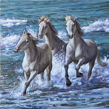 油画,马,海洋