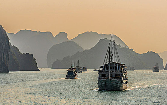 越南,下龙湾,日落,游轮,船,世界遗产