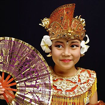 印度尼西亚,巴厘岛,舞者,满,服饰,拿着,扇子
