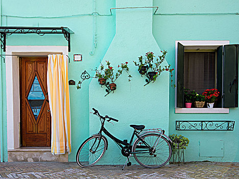 自行车,靠近,青绿色,房子,威尼斯,岛屿,布拉诺岛,意大利